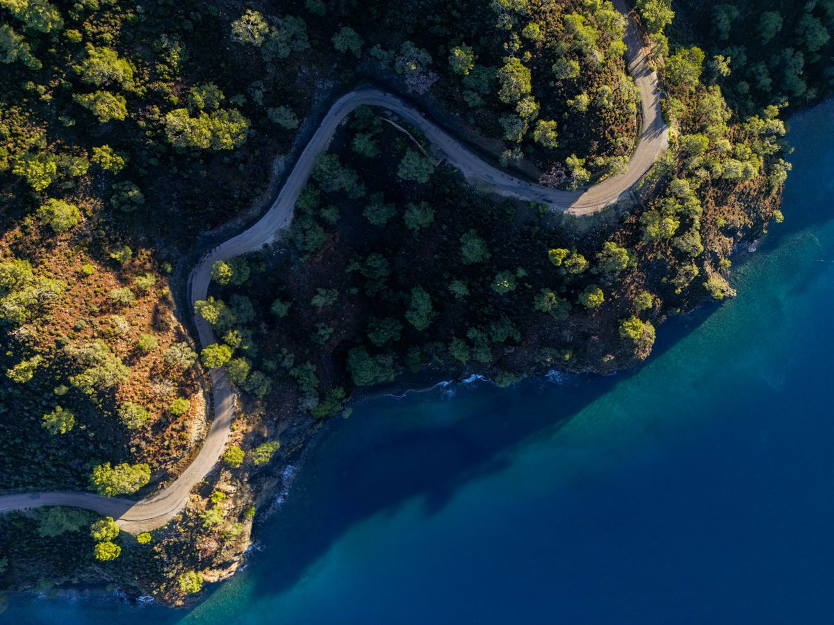 Winding coastal road curving around a wooded headland above clear blue sea